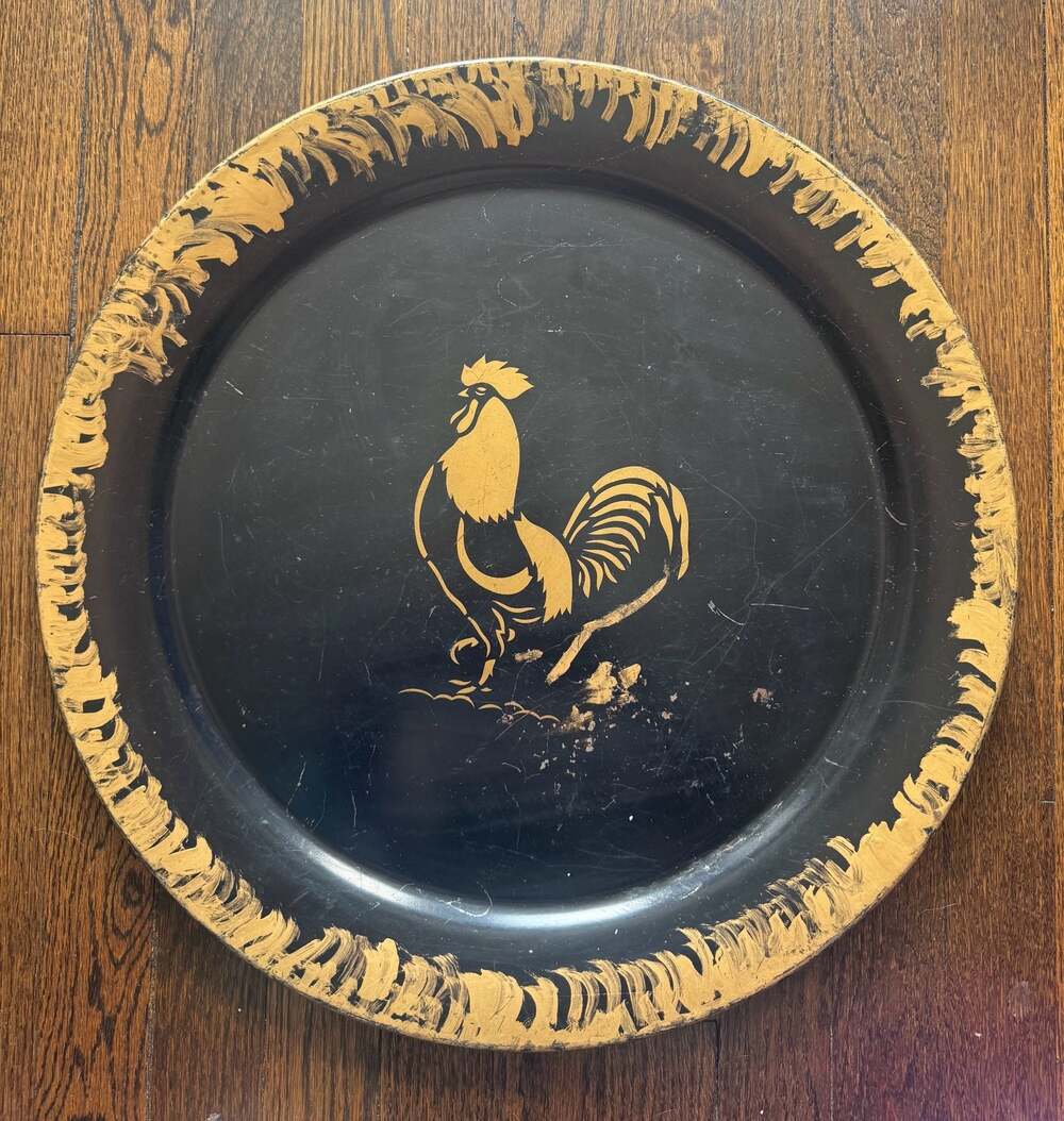 VINTAGE MCM 19.5” Round Black Tin Serving Tray with Gold Rooster Design